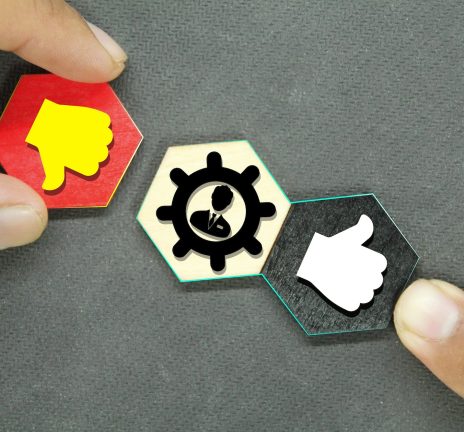 hexagon with like and dislike icons. Thumbs up and thumbs down icons. Reviewed